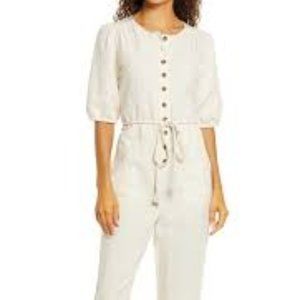 Madewell Linen-Blend Puff-Sleeve Tassel-Tie Jumpsuit Size S